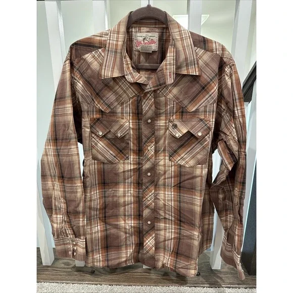 Wrangler Men's Western Shirt Large Brown Plaid, Pearl Snap-Up, Long Sleeve - Picture 1 of 6